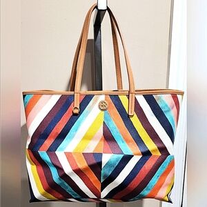 Tory Burch Kerrington Square Diamond Striped Tote (19.5x 11.5 x8.5)